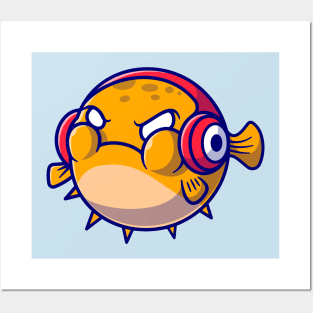 Cute Puffer Fish Angry And Wearing Headphone Cartoon Posters and Art